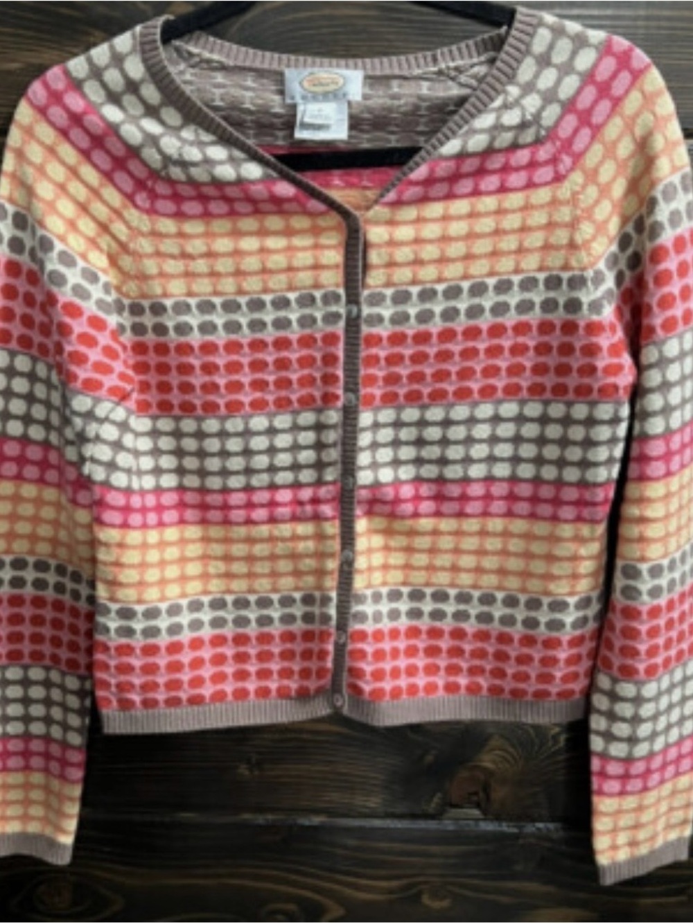 Talbots Multicolor Dot-Stripe Crewneck Cardigan — Pink, Coral, Yellow, Taupe